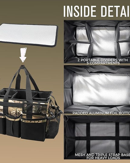 Wearable Cleaning Caddy Organizer with Handle & Shoulder Straps for Housekeepers, Under Sink & Car Cleaning Tool Organizer Bag with 4 Foldable Dividers (Camouflage)