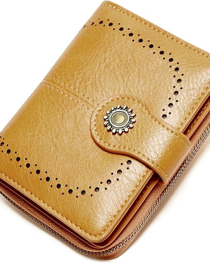 TFKGS Small Womens Wallet Leather RFID Blocking Bifold Compact Card Holder Ladies Zipper Accordion Pocket with ID Window Yellow