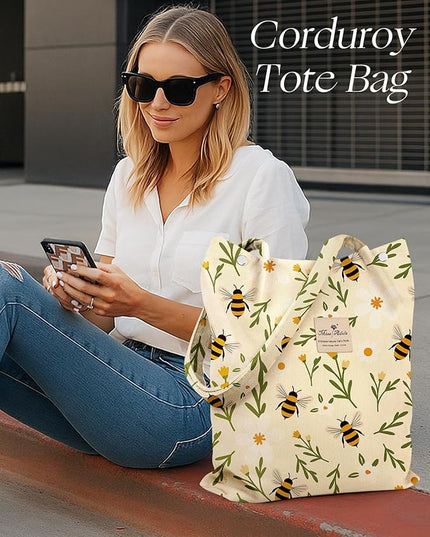 Corduroy Tote Bag for Women - Reusable Totes with Pocket & Buckle Cute Aesthetic Shoulder Bag for Work Travel