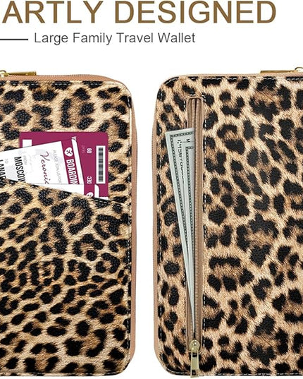 Family Passport Holder Wallet RFID Blocking Document Organizer PU Leather Mulit-purpose Travel Wallets Credit Cards Holder for Women Men, Light Leopard