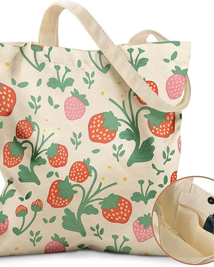 Aesthetic Tote Bag for Girls - with Magnetic Buckle and Zipper Inner Pocket for Women Lady Canvas Cotton Tote Bag
