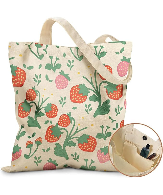 Aesthetic Tote Bag for Girls - with Magnetic Buckle and Zipper Inner Pocket for Women Lady Canvas Cotton Tote Bag