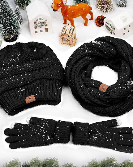 Winter Beanie Hat Scarf Gloves, Warm Fleece Knit Hats Touch Screen Gloves Neck Scarf Set Winter Gifts for Unisex Adult