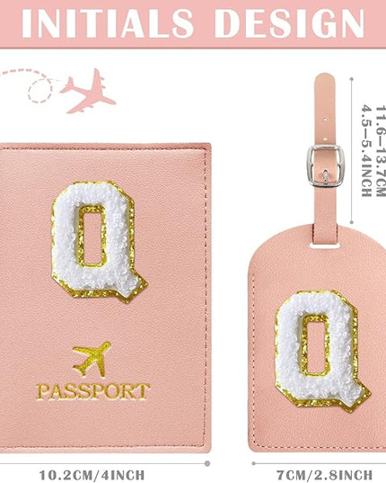 COSHAYSOO Passport Cover and Initial Luggage Tag Set with Preppy Chenille Letter Patch for Women Girls, Trendy Travel Bag Backpack Suitcase Identifier Halloween Valentines Gifts Pink Q