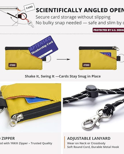 RFID Travel Wallet with Adjustable Lanyard-Zipper Small Wallet with ID Card Holder, Keychain for women&men-Minimalist Slim Waterproof Nylon case for ID, Cash, Key (Dark Yellow)