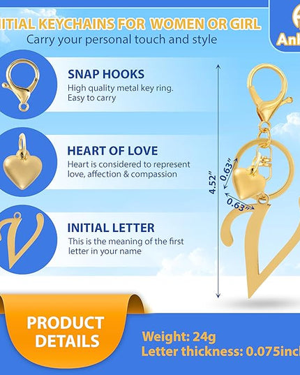 A-Z Heart Initial Letter Keychain, Stainless Steel Alphabet Charm for Handbags, Gift for Women and Girls