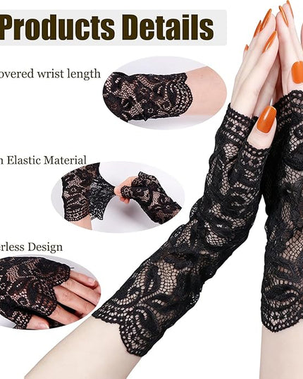 Women Fingerless Lace Gloves, Short Bridal Wrist Floral Lace Mittens Women Gloves for Wedding Opera Tea Party Cocktail Prom Cosplay Costume Accessories