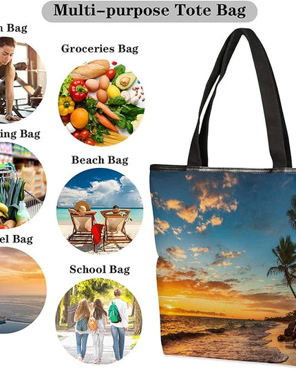 Pardick Palm Tree Beach Print Canvas Tote Bag, Eco Friendly Reusable Grocery Shopping Bags Beach Bag Book Tote Handbags Washable Shoulder Bag With Zipper Inner Pocket for Women Girls