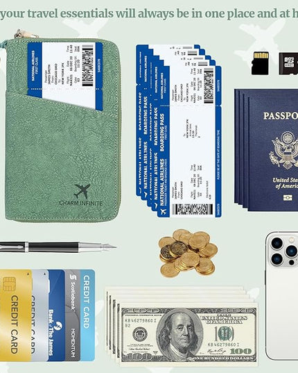 Family Passport Holder Wallet with Zipper, RFID Blocking Travel Document Organizer for Women Men, Travel Essentials Gift, Can be Worn Crossbody (Green)