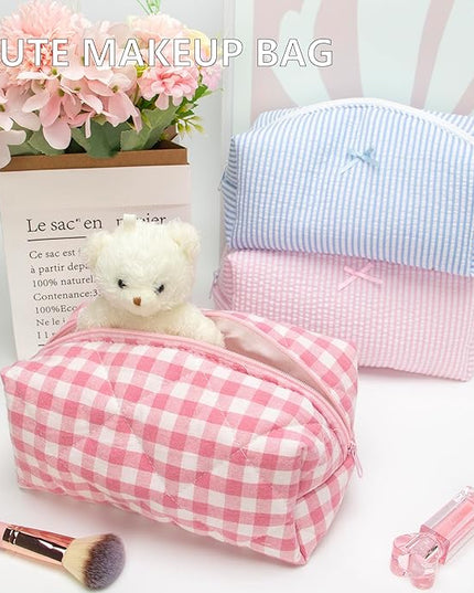 PAZIMIIK Cozy Makeup Bag Travel Cosmetic Bag for Women Soft Toiletry Bag Aesthetic Makeup Organizer Portable Large Zipper Pouch for Skincare Beauty Accessories Brushes Pink Checkered