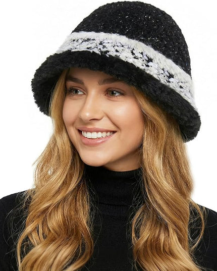 YI HENG MEI Women Knit Bucket Hat, Fluffy Winter Fisherman Hat Fuzzy Soft Warm Beanie Caps Women Cloche Caps Warm Bowler Hats
