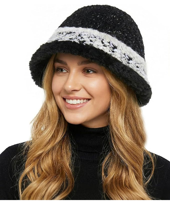 YI HENG MEI Women Knit Bucket Hat, Fluffy Winter Fisherman Hat Fuzzy Soft Warm Beanie Caps Women Cloche Caps Warm Bowler Hats