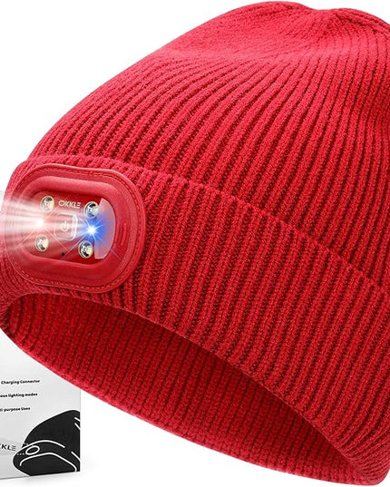 OKKLE Unisex LED Beanie with Light, USB Rechargeable Headlamp Hat, Winter Gifts for Men Women Husband Him Red