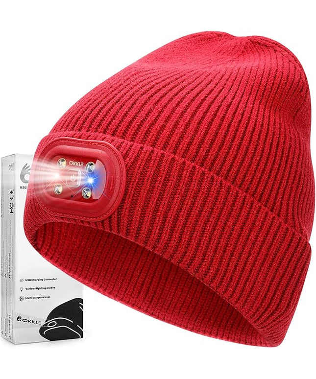 OKKLE Unisex LED Beanie with Light, USB Rechargeable Headlamp Hat, Winter Gifts for Men Women Husband Him Red