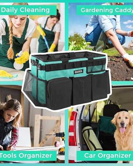 Wearable Cleaning Caddy Bag, Cleaning Caddy Supplies Organizer with Handle & Shoulder Straps for Housekeepers, Under Sink & Car Cleaning Tool Organizers with 4 Foldable Divider (Lake Blue)