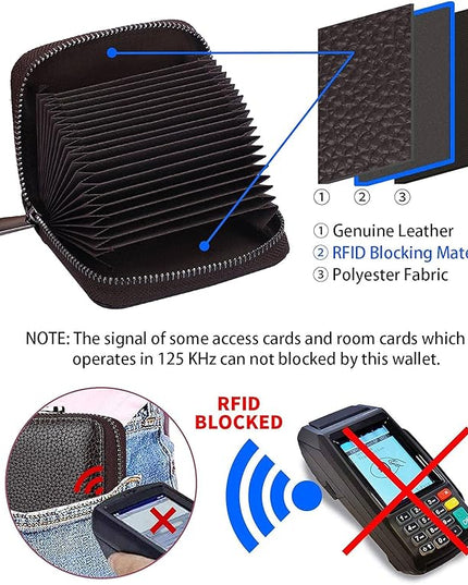 Linno RFID 20 Slots Credit Card Holder Genuine Leather Small Wallet for Women or Men with Zipper