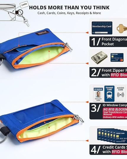 RFID Travel Wallet with Adjustable Lanyard-Zipper Small Wallet with ID Card Holder, Keychain for women&men-Minimalist Slim Waterproof Nylon case for ID, Cash, Key (Blue)