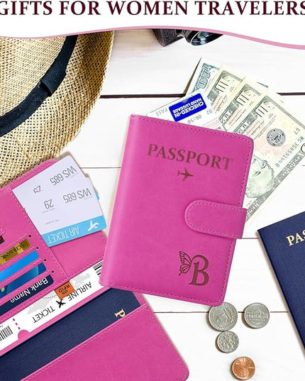 COSHAYSOO Initial RFID Passport Holder for Travel Women Passports Cover Case Air Essentials Airplane Flight Accessories Airline Plane Flying Must Haves Christmas Gift Butterfly Letter Hot Pink B