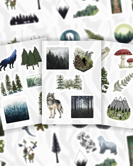 BulbaCraft 100Pcs Forest Stickers for Water Bottle and Laptop - Forest Party Supplies & Decorations, Waterproof Vinyl Decals, Nature and Tree Stickers, Gifts for Women & Men