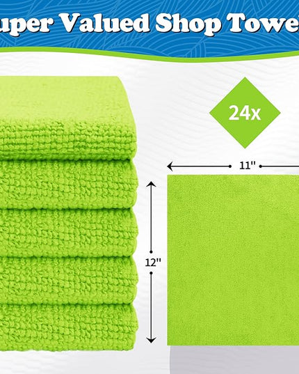 FIXSMITH Microfiber Cleaning Cloth, Shop Towels Bulk, 24 Pack Green Microfiber Towels for Cars, All-Purpose Absorbent Cleaning Rags, Dust Cloth for Automotive, Mechanic, Garage, Bar, 12 x 11 inch