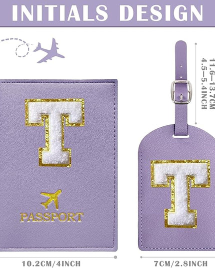 COSHAYSOO Purple Passport Cover Holder and Initial Luggage Tag Set TSA Approved with Chenille Letter Patch for Women Teen Girls Couples, Preppy Travel Bag Suitcase Identifier (T)