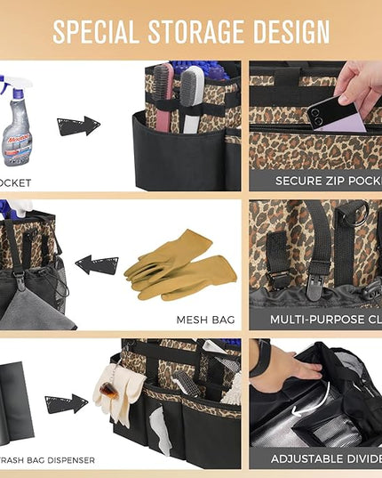Wearable Cleaning Caddy, Cleaning Caddy Supplies Organizer with Handle & Shoulder Straps for Housekeepers, Under Sink & Car Cleaning Tool Organizers Bag with 4 Foldable Divider (Leopard)