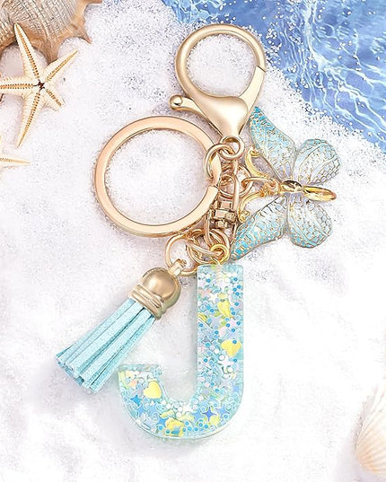 Fashion Alphabet Initial Letter Keychain Tassel Butterfly Pendant Key Ring for Purse Handbags Women Girl