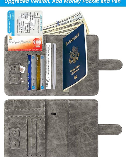 Passport Holder With Luggage Tag Cover Wallet RFID Blocking Leather Case Travel Essentials Accessories Travel Must Have(114#Grey)