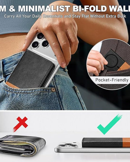 TUCCH for Magsafe Card Holder with Clear ID Window, Fit 6 Cards, RFID Blocking PU Leather Magnetic Phone Wallet for iPhone 17/16/15/14/13/12/Plus/Air/Pro/Pro Max Series, Textured Black & Light Brown