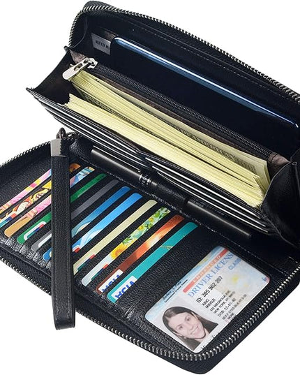 Bveyzi Women RFID Blocking Wallet Leather Zip Around Phone Clutch Large Capacity Ladies Travel Purse Wristlet | RFID Blocking, Zip Around, Large Capacity