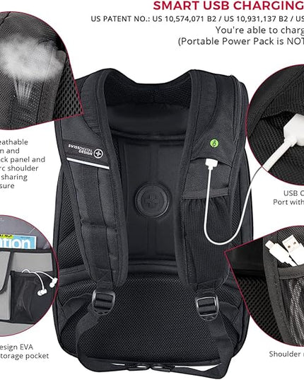 Swissdigital Design Large Travel Backpack For Men, TSA-Friendly Business Laptop Backpack, USB Charging Port，RFID Protection Tech Backpack Fits 15.6Inch Laptop Black/Green | J16BTF-21