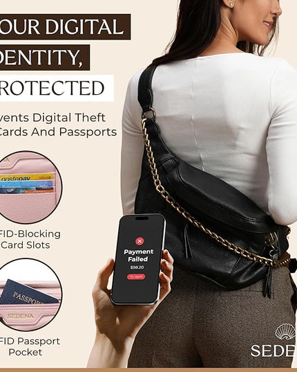 Anti Pickpocket Crossbody Bag – Large Vegan Black Leather Sling Bag with RFID & Glasses Pockets, Anti Theft Design, Multiple Compartments, Chain Detail Travel Crossbody Bag for Women
