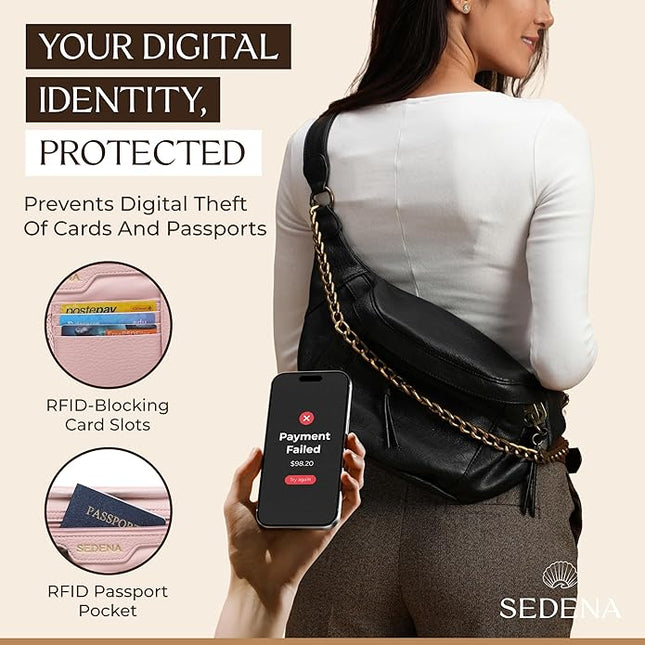 Anti Pickpocket Crossbody Bag – Large Vegan Black Leather Sling Bag with RFID & Glasses Pockets, Anti Theft Design, Multiple Compartments, Chain Detail Travel Crossbody Bag for Women