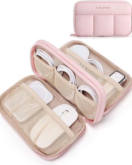 BAGSMART Electronics Organizer Travel Case, Cord Storage for Chargers Cables Phones, Compact Tech Accessories Pouch, Pink