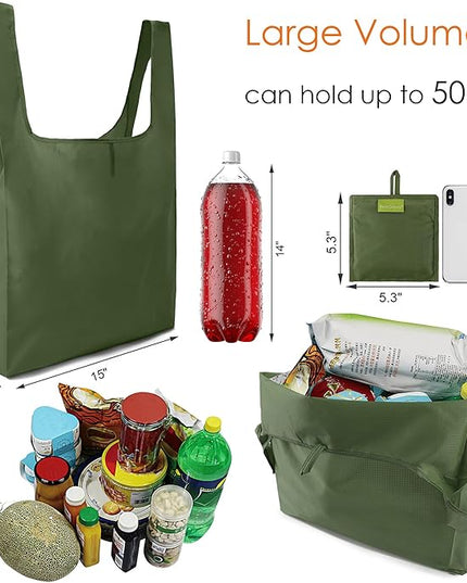 BeeGreen Green Reusable Grocery Bags Wholesale Moss Green Reusable Kitchen Bags Bulk Foldable-Machine Washable with Zipper Storage Pouch 50 Packs