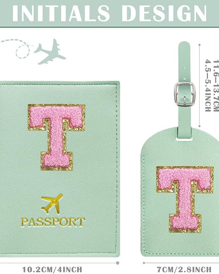 COSHAYSOO Initial Passport Cover Luggage Tag Set Letter Passport Holder Airplane Cruise Travel Essentials Vacation Traveling Accessories Personalized Gifts for Women Teen College Girls Teal T
