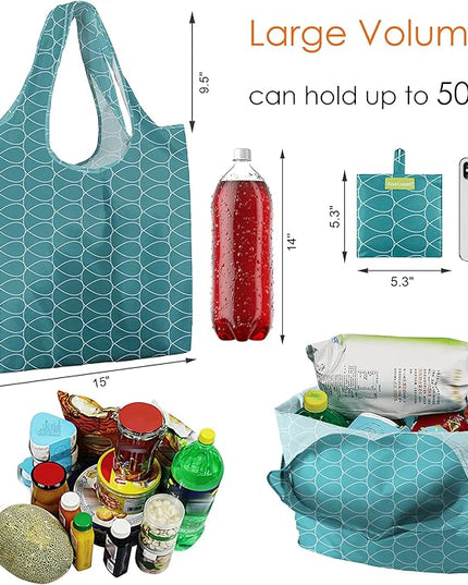 BeeGreen Large Tote Bag 6 Pack Reusable Grocery Bags Foldable - Bulk Machine Washable Ripstop Polyester Fabrics Grocery Bag - Reusable Shopping Bags for Women Travel Storage (Geometry Design)
