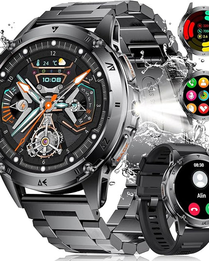 LIGE Military Smart Watch for Men iPhone Android 1.43" HD Amoled Rugged 110+ Sport Modes IP68 Waterproof Answer/Make Call Fitness Running Heart Rate Blood Pressure Health Mens Smartwatch