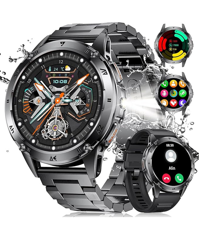 LIGE Military Smart Watch for Men iPhone Android 1.43" HD Amoled Rugged 110+ Sport Modes IP68 Waterproof Answer/Make Call Fitness Running Heart Rate Blood Pressure Health Mens Smartwatch