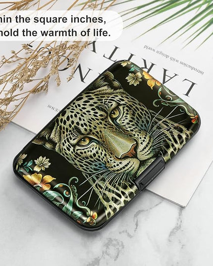 ELFISH Mini RFID Aluminum Wallet Credit Cards Holder Business Card Case Metal ID Case for Men Women(Black Leopard)