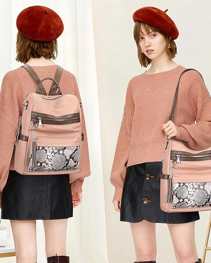ALTOSY Genuine Leather Backpack Purse for Women Convertible Shoulder bag Soft Crossdody Bag with Laptop Compartment Large (S108 Dark Pink/Coffee/Grey)