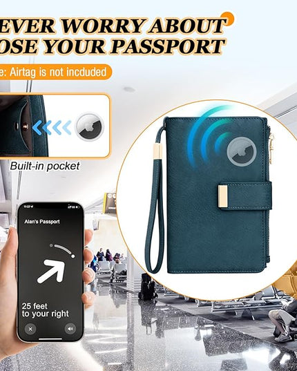 HUANLANG Passport Holder with Airtag for Women/Men, Airtag Passport Wallet for Travel Leather Passport Holder RFID Blocking,Travel Passport Walelt with Credit Card Holder