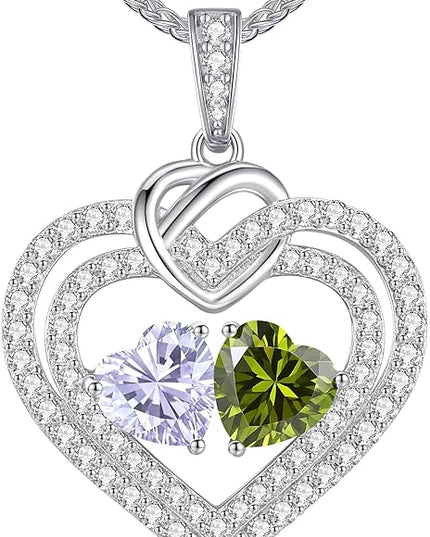 LOUISA SECRET Sparkling Double Heart Birthstone Necklaces for Women, 925 Sterling Silver Fine Jewelry, Pendant Heart Necklaces Birthday Anniversary Christmas Gift for Women Wife Mom Girlfriend Lady