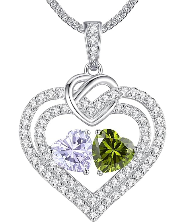 LOUISA SECRET Sparkling Double Heart Birthstone Necklaces for Women, 925 Sterling Silver Fine Jewelry, Pendant Heart Necklaces Birthday Anniversary Christmas Gift for Women Wife Mom Girlfriend Lady