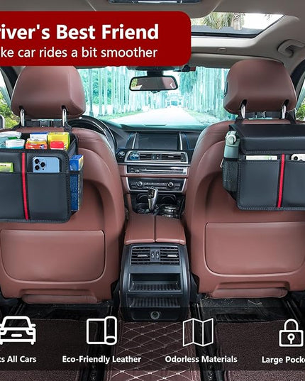 Hanging Car Seat Organizer Backseat Car Organizer - Premium PU Leather Car Backseat Organizer Road Trip Essentials, Multifunction Car Seat Back Organizer for Kids & Adults (Black)