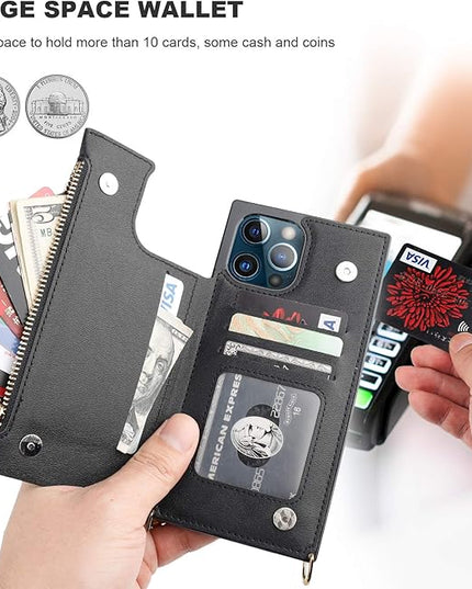 Bocasal Crossbody Wallet Case for iPhone 12 Pro Max with Card Holder,Zipper Card Slot Protector Shockproof Purse Cover with Removable Cross Body Strap 6.7 Inch(Black)
