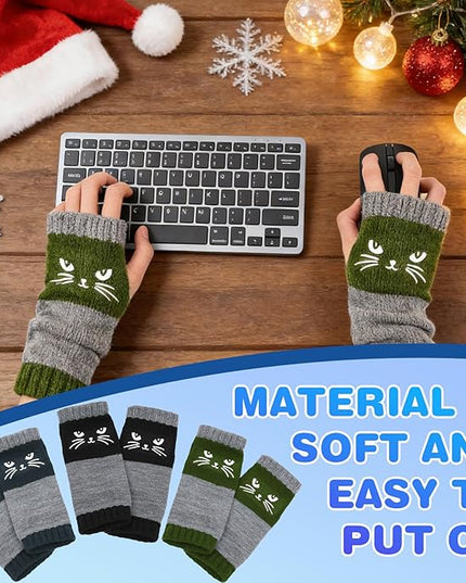Women's Knitted Fingerless Gloves with Cute Cat Embroidery, Warm Fashion Leaky Finger Casual Cat Splicing Knitted Gloves