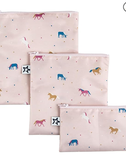 Tiny Twinkle Reusable Snack Bags for Kids – 3 Pack Snack Pouches & Sandwich Bag for Toddlers – Machine Washable, Mess-Proof for Lunch & Travel (Unicorn)
