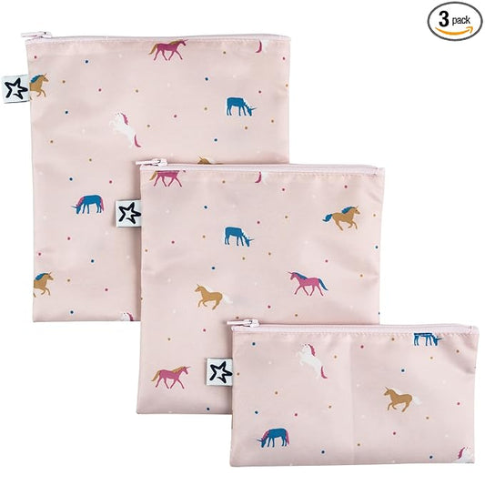 Tiny Twinkle Reusable Snack Bags for Kids – 3 Pack Snack Pouches & Sandwich Bag for Toddlers – Machine Washable, Mess-Proof for Lunch & Travel (Unicorn)