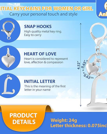 A-Z Heart Initial Letter Keychain, Stainless Steel Alphabet Charm for Handbags, Gift for Women and Girls